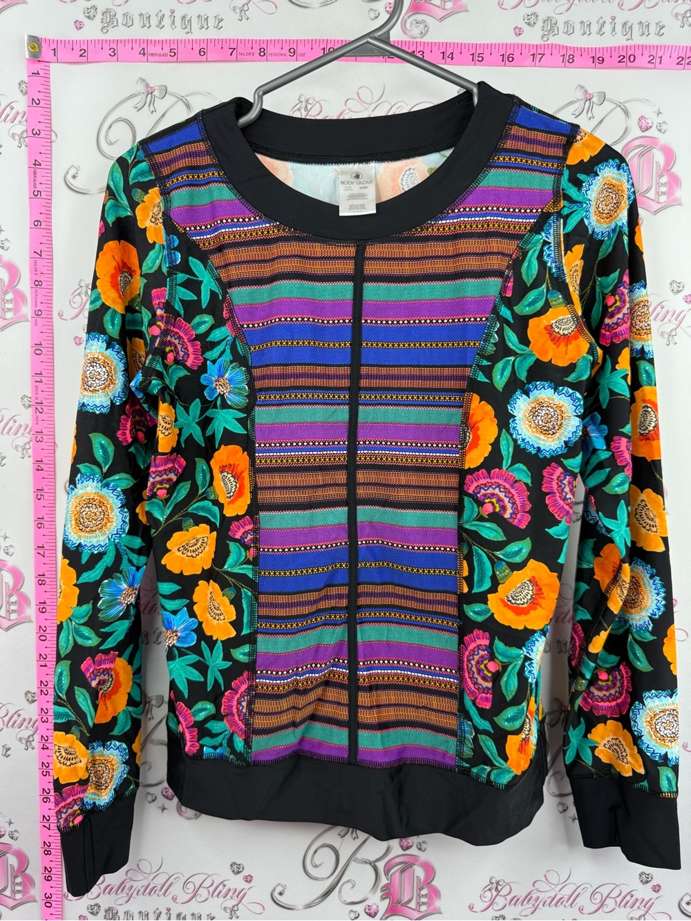 Body Glove rash guard shirt pool beach Black Floral & Striped Crew Neck sun